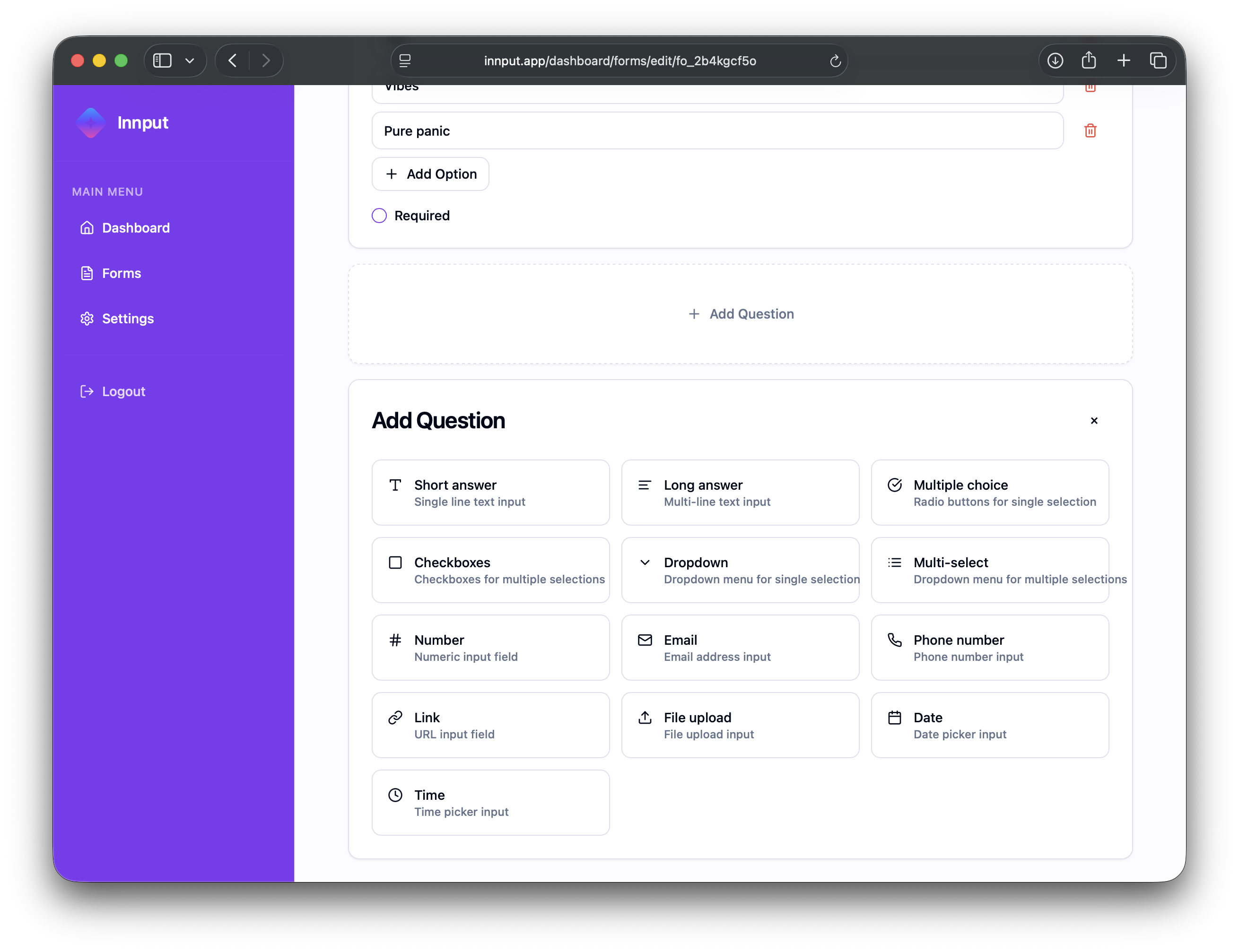 Selecting question type