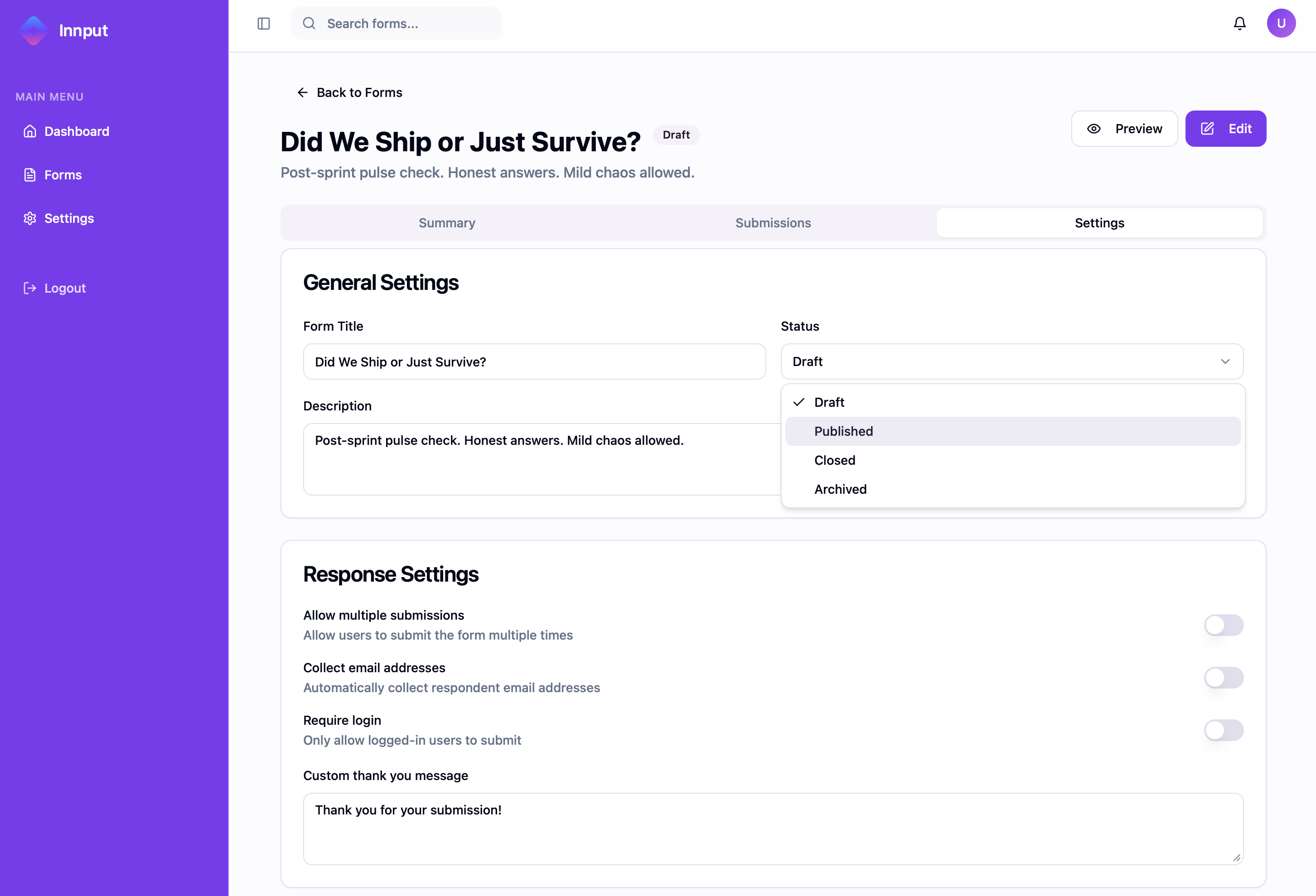 Form settings and question options