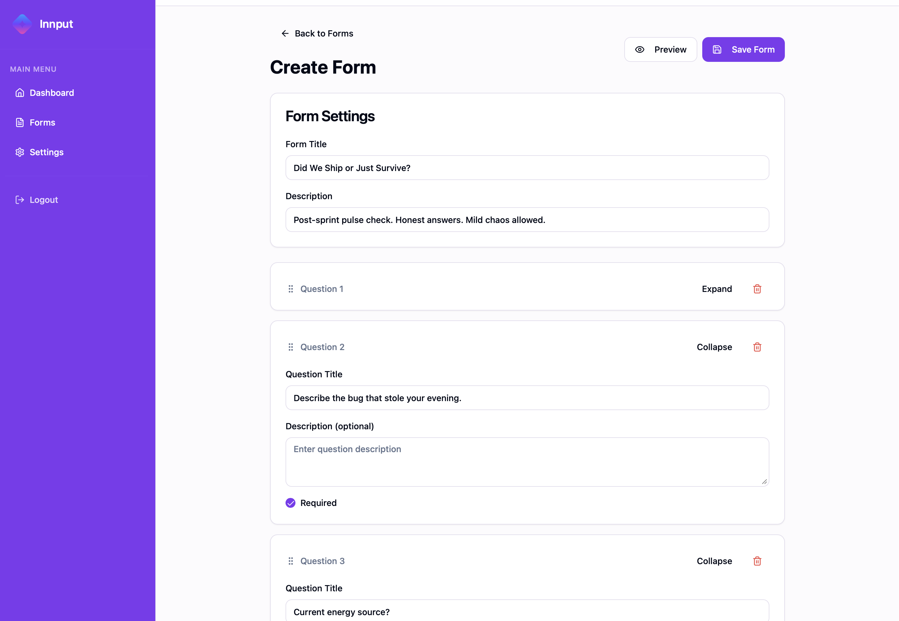 Creating a new form in Innput