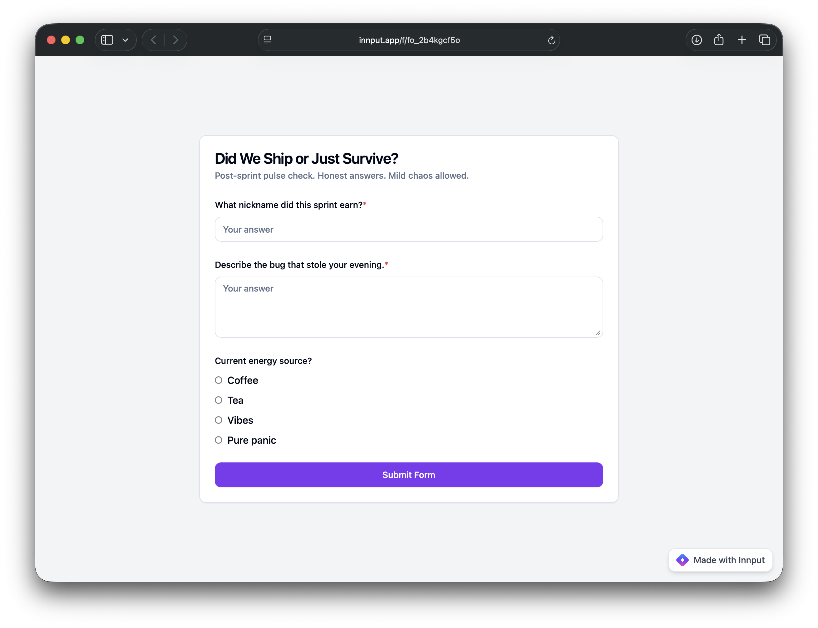 Submission page in Innput